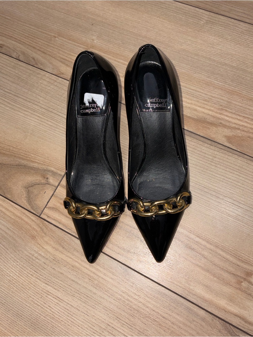 Jeffrey Campbell Slithers pointed toe black patent leather gold chain pumps 6